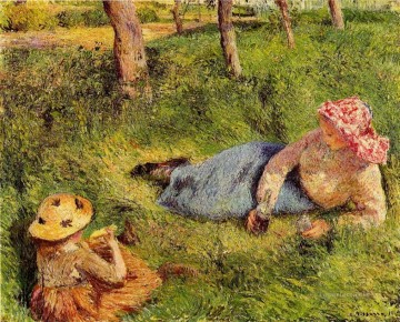  descanso Arte - La merienda niño y joven campesino en reposo 1882 Camille Pissarro